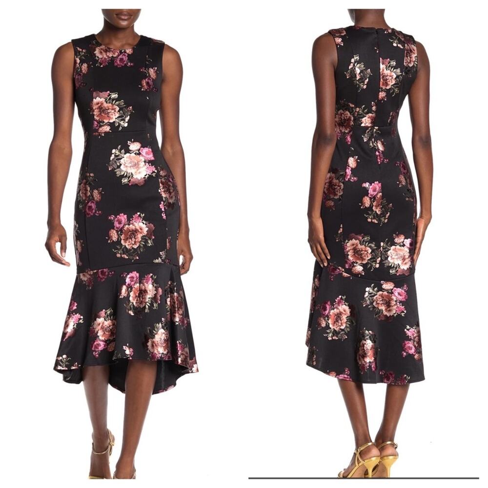 BEBE Dress NBlack Floral Metallic Princess Seam Midi Dress Womens Size 2 $149